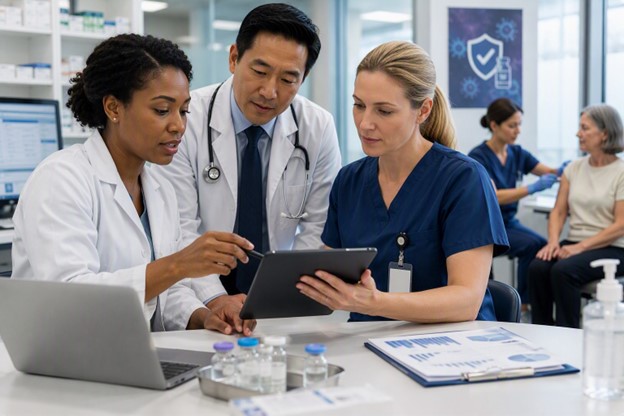Healthcare professionals collaborating in an educational setting